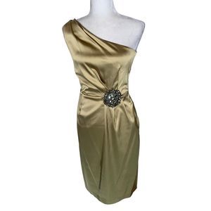 David Meister Gold Satin One-shoulder Cocktail Dress | Size 4